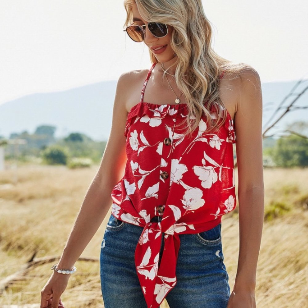 Floral Print Tank Top With Tie & Ruffle - Picture 4 of 6